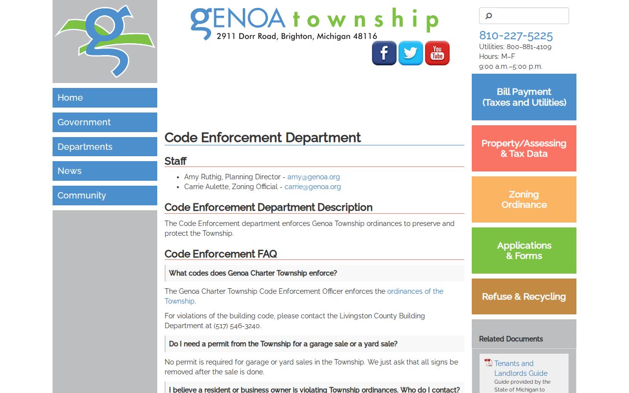 Genoa Township street directory code enforcement contact page